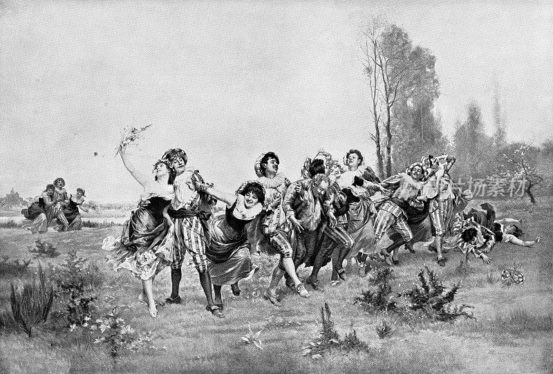 狂欢者/Farandole舞蹈家，绘画，Émile Bayard - 19世纪